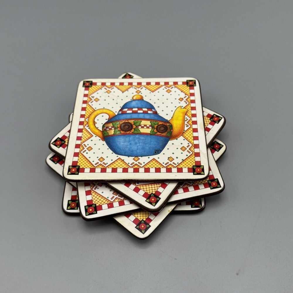 Vintage Set of 5 Mary Engelbreit Teapot Coasters Cork Back 4 inch Square  Kitsch